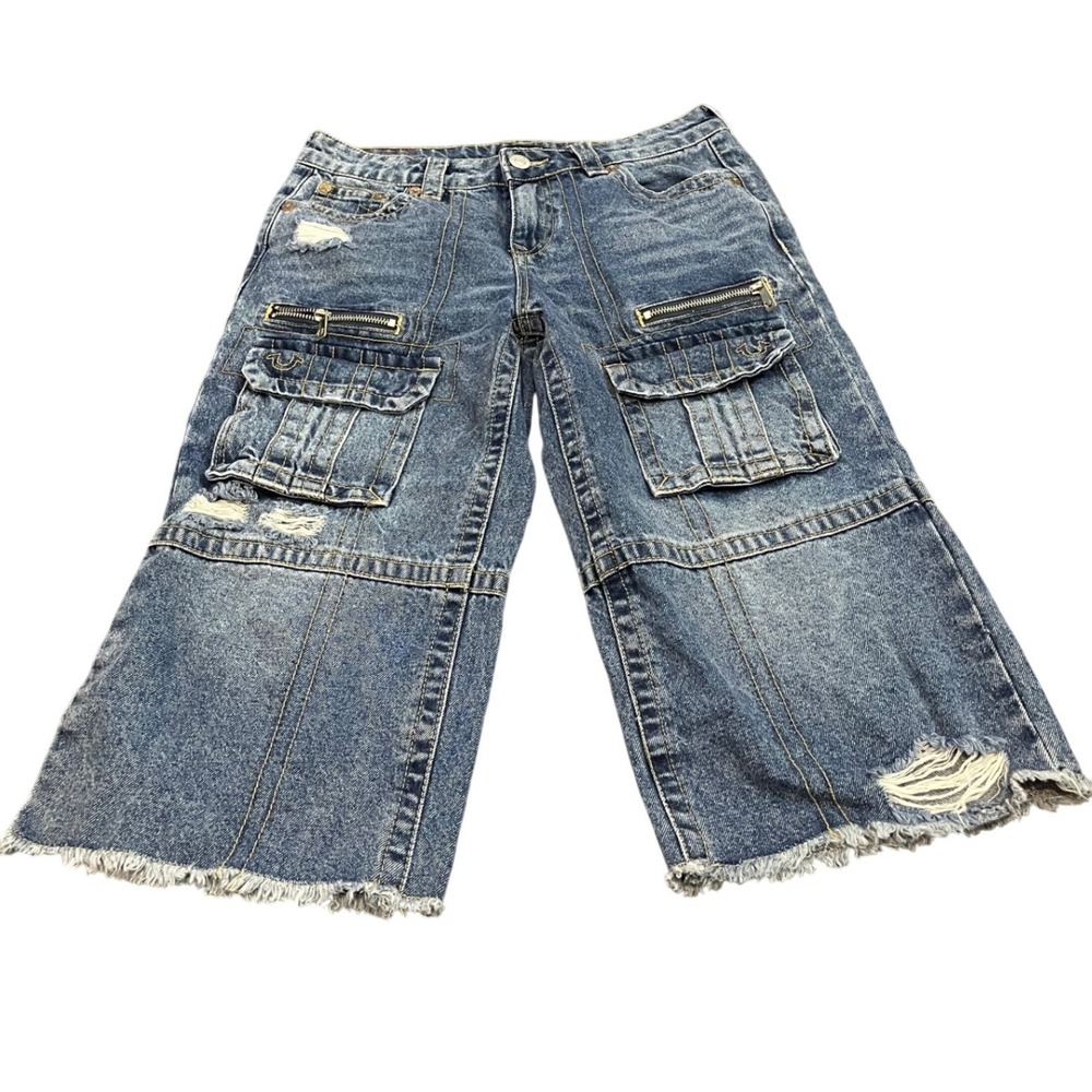 True Religion Bobbi Baggy Cargo Capris Women 26 Blue Distressed Raw Hem Jeans